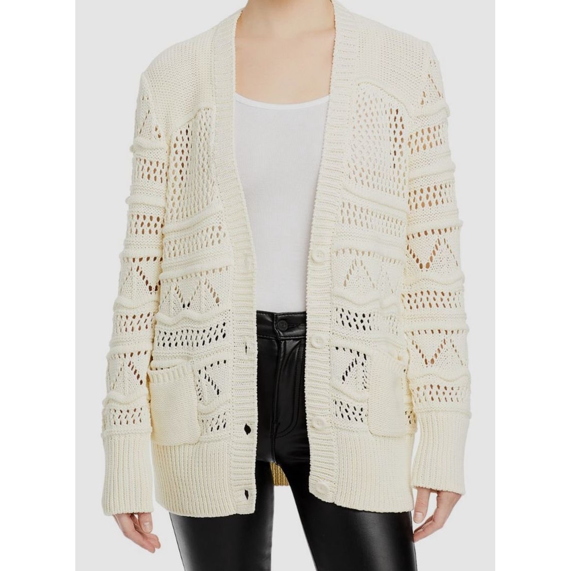 Joie Harbin Chunky Cream Cotton Pointelle Knit Cardigan Sweater Size Small